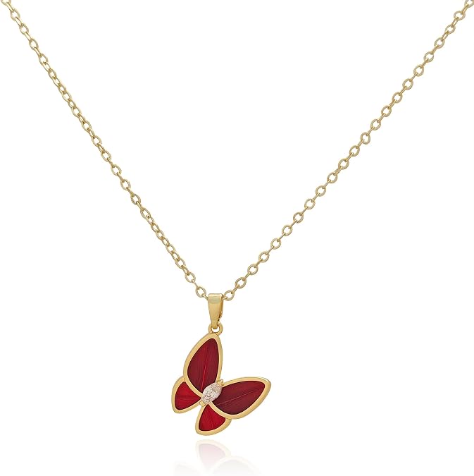 Red Feather Butterfly Charm Necklace for Women, Gold Plated Statement Pendant Necklace with 5cm Extender, Dainty Chinese Handmade Women's Jewelry