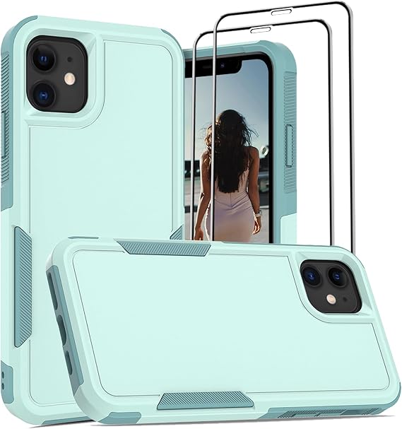 Jeylly for iPhone 11 Case, for iPhone 11 Case [3 in 1] Shockproof TPU Hard Back Hybrid Design and [2 x Tempered Glass Screen Protector], Military Grade Drop Proof Full Body Protective Cover, Turquoise