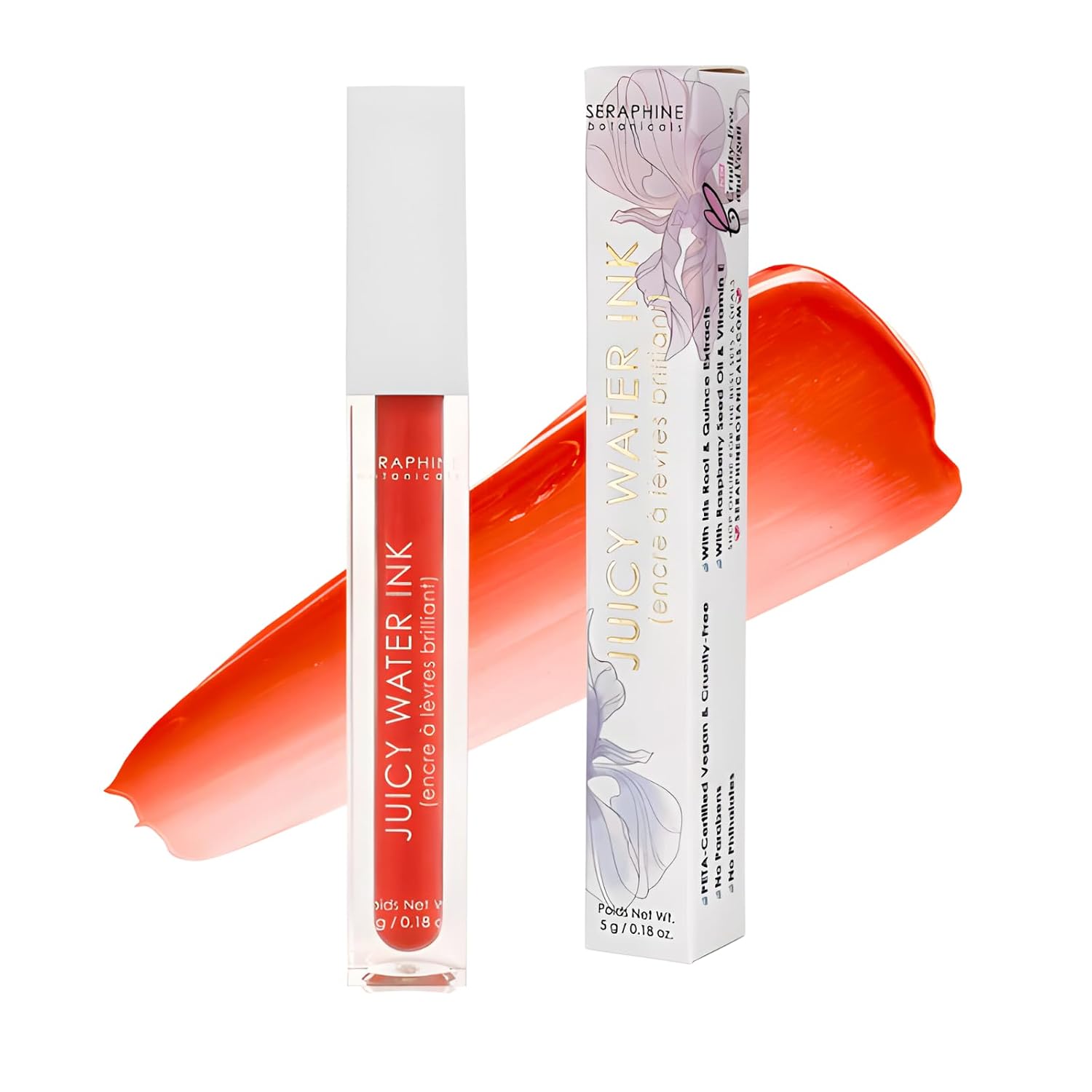 Seraphine Botanicals Lip Stain Juicy Water Ink Makeup Glossy Glowing Finish or Blot for Matte! Lip Tint Ultra Hydrating Plumping Infused with Iris Root & Quince & Raspberry Seed Oil .18oz Sunlit