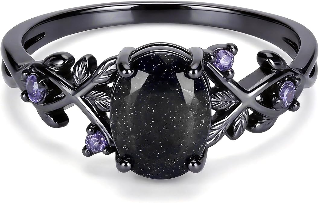 Black Rings for Women Chunky Silver Black Obsidian Rhinestone Rings Obsidian Ring Statement Ring Fsahion Trendy Jewelry Accessories Anniversary Birthday Gift