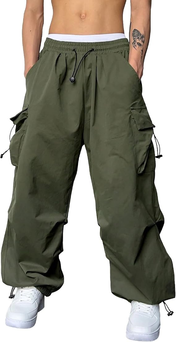 Mens Baggy Cargo Pants Loose Fit Casual Parachute Pants Trendy Harem Joggers for Streetwear Hip Pop Y2K Clothes with Pockets