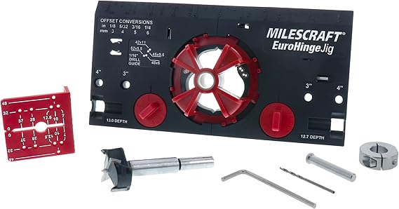 Milescraft 1342 Euro Hinge Jig Concealed Hinge Jig, Drilling Guide, Drill Guide Jig for Framed and Frameless Cabinets. Metal Drill Guide Produces Perfect Hinge Holes. 35 mm Forstner Bit Included