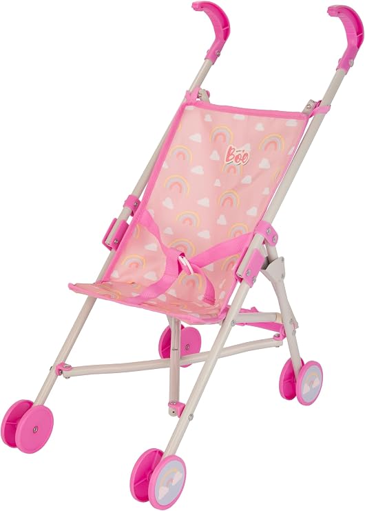 Baby Chic Baby Boo Doll Stroller – Lightweight Foldable Pushchair for Dolls, Rainbow Print, Pink Toy Buggy for Kids Pretend Play