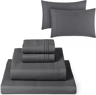 Mellanni 4PC Bed Sheet Set  2 Pillowcases Bundle&Save - Iconic Collection Bedding - Bundle Includes: 1 Flat Sheets, 1 Fitted Sheet and 4 Pillow Cases King, Gray