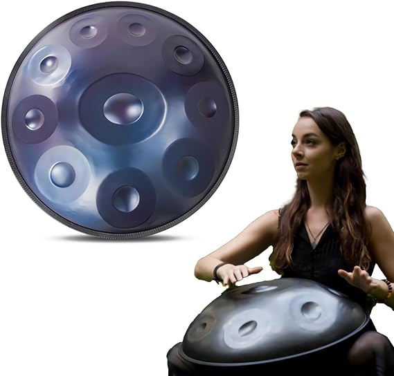 432Hz Handpan Instrument - 9/10/12 Note Steel Tongue Drum - 55cm Hand Pan Drum with Beater Stand for Sound Healing,Professional Steel Handpan Percussion Instrument(Blue,9Notes)
