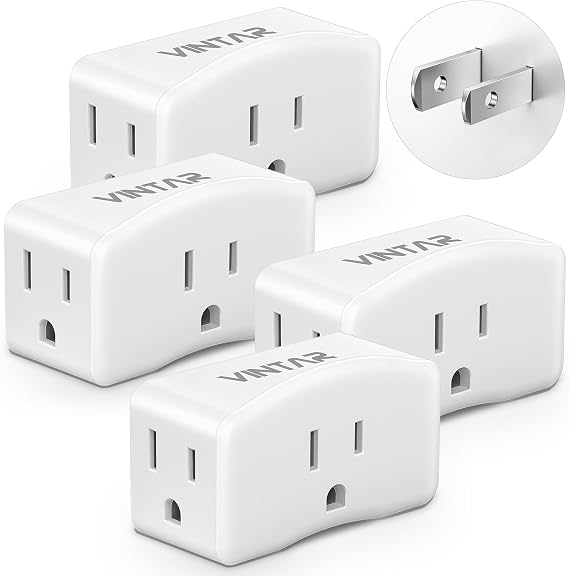 2 Prong to 3 Prong Outlet Adapter, VINTAR 2 Prong Power Strip with 3 AC Outlets (1875W/15A), Polarized Plug, Wall Plug Extender for Non-Grounded Outlet in Old House, Cruise Essentials, 4 Pack