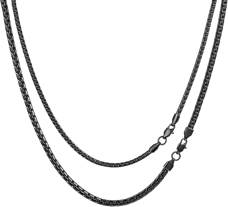 FOSIR 2Pcs Black Flat Box Chain Necklace for Men, Stainless Steel Layered Necklaces, Stackable Chains for Men, 3mm/4mm/5mm/6mm Width
