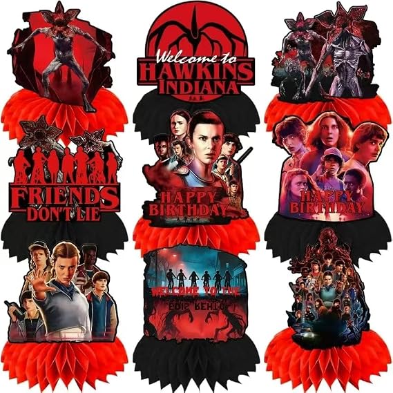 9Pcs Stranger Birthday Party Supplies, Honeycomb Centerpieces for Stranger Things Decorations, Double Sided Table Centerpieces