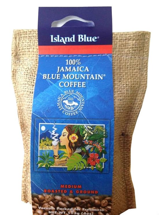Island Blue -100% Blue Mountain Ground Coffee - Roasted Jamaican Blue Mountain Ground Coffee - 4oz
