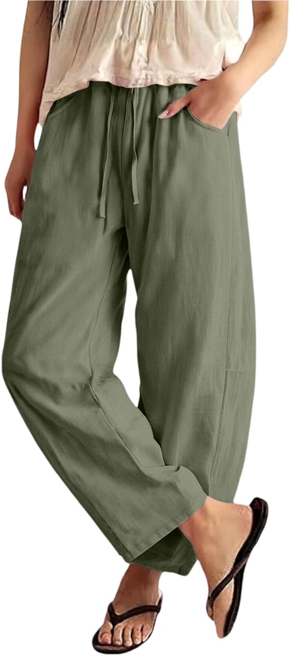 Women Linen Wide Leg Palazzo Barrel Pants Summer Drawstring Casual 2026 Beach Vacation Boho Baggy Pant with Pockets