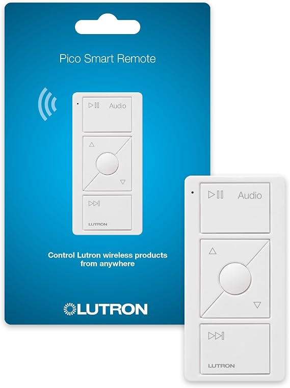 Lutron Pico Remote for Audio, Works with Sonos (Smart Hub Required) | 3-Button control, raise/lower volume, pause and skip tracks, for table top or wallmount use, PJ2-3BRL-GWH-A02, White