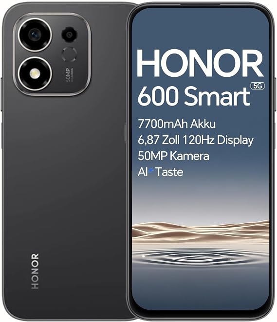 HONOR 600 Smart 5G Smartphone, 4+128GB, 7700mAh Akku, 6,87 Zoll 120Hz Display, Snapdragon 4 Gen 2 Pro+, AI Taste, 50MP Kamera, Dual Stereo Lautsprecher, 2,5m Fallfestigkeit, IP64 wasserresistent