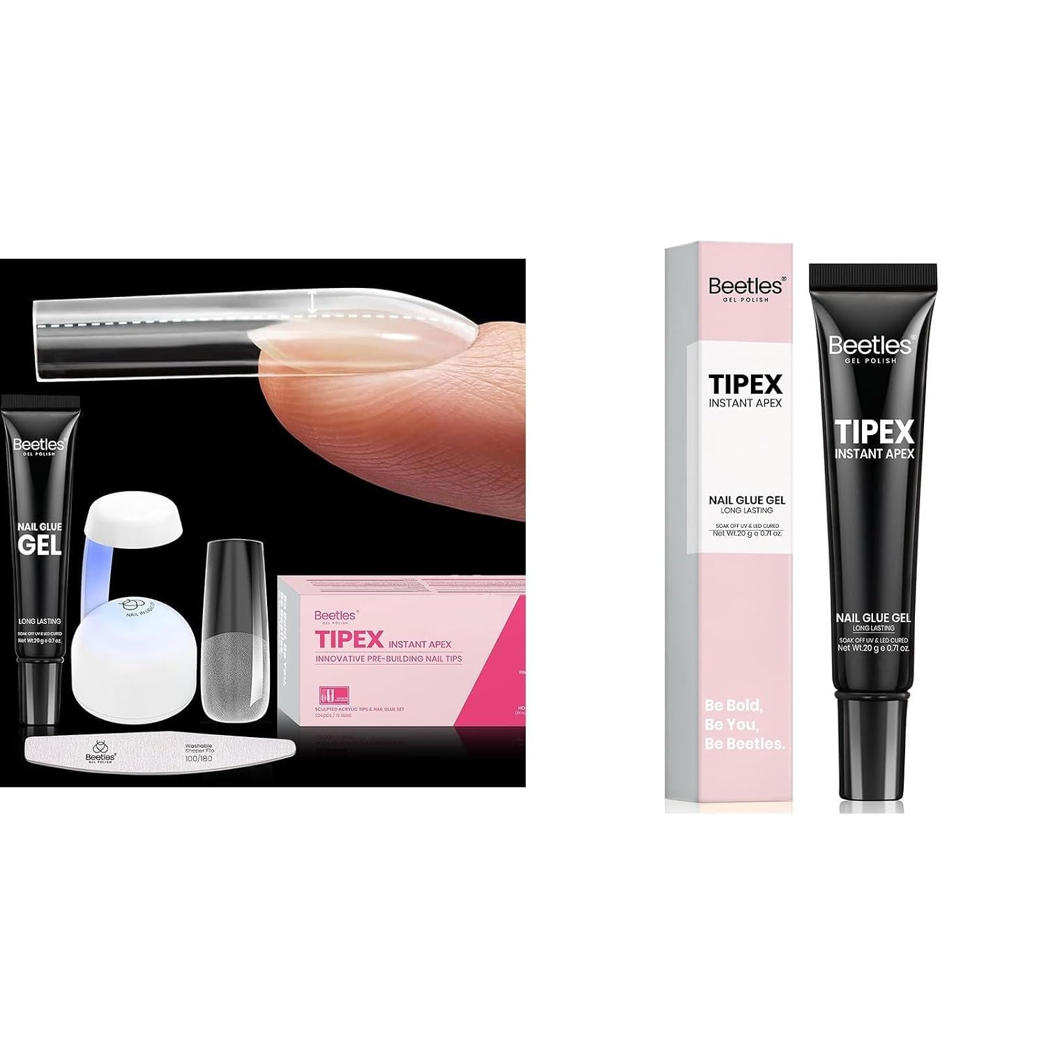 Beetles Tipex Nail Tips Long Square-C Curved Half Matte Nail Tips 224 Pcs with Tipex Nail Glue 20g Solid Nail Glue Gel