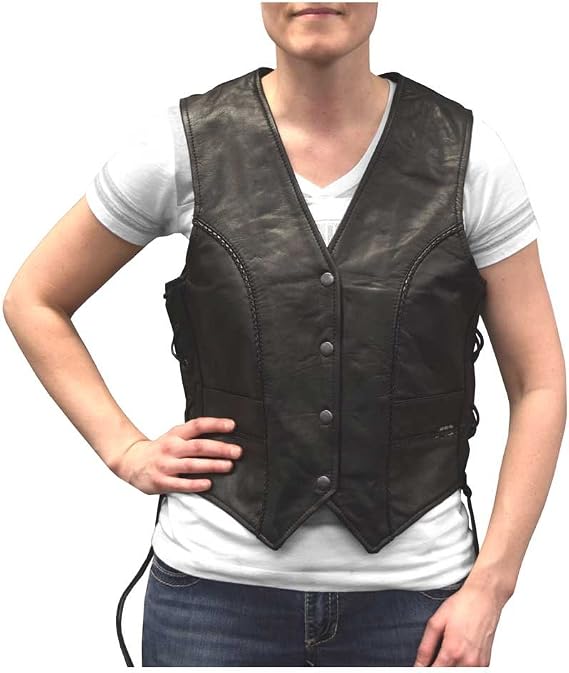 Women's Side Lace Goat Leather Motorcycle Vest, Black L-11