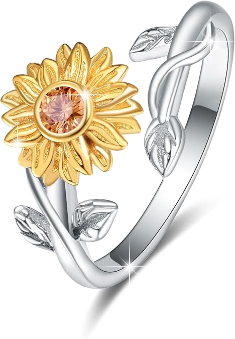 Sunflower Rings for Women, 925 Sterling Silver CZ You are My Sunshine Adjustable Open Band Rings Jewelry Gifts for Girls Size 7-8