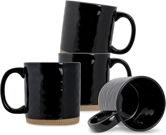 Elanze Designs High Gloss Raw Clay Bottom 15 ounce Ceramic Stoneware Coffee Mugs Set of 4, Black