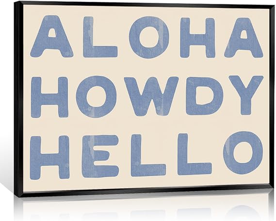 Nanxiwofee Framed Preppy Howdy Canvas Wall Art, Trendy Western Coastal Cowgirl Room Aesthetic Poster, Blue Text Poster for Teen Girl Dorm Bedroom Wall Decor, Horizontal Funky Bar Cart Prints 12x16in
