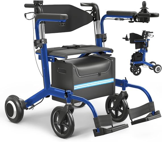 Lightweight Foldable Electric Rollator, Motorized Walker for Adults | Lightweight Foldable Compact Transport Combo with Seat 350 lbs Heavy Duty for Adults, Airplane Travel Approved FSA Eligible