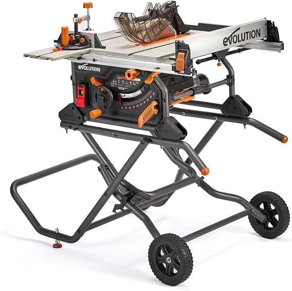 Evolution R10TBLX 10" Jobsite Table Saw with Wheeled Stand | Zero-Clearance Throat Plate | Dado Plate Included | 15A Motor | 26 Rip | 3-3/8 Cut | 0-45 Bevel | Precision Fence | Heavy Duty Portable
