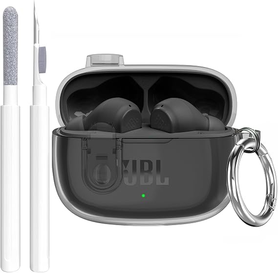 Compatible with JBL Vibe 200TWS/JBL Vibe Beam /Beam 2 Case Cover Clear Lock Clip with Cleaner Kit, Transparent TPU Protective Cover Men Women with Carabiner for JBL Vibe Beam 2 Charging Case - Black