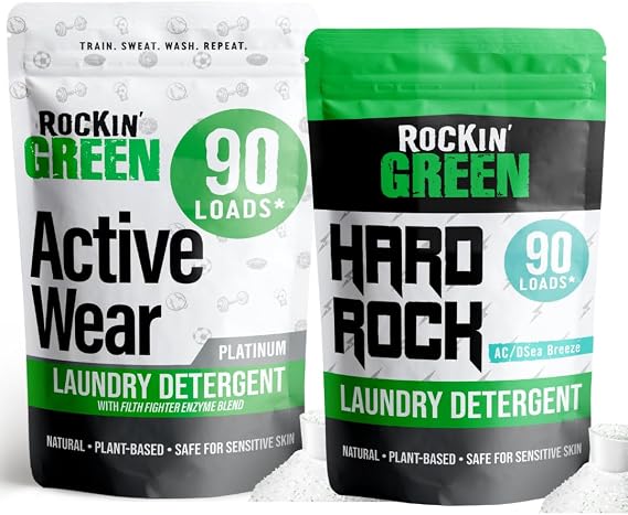Rockin' Green Activewear 90 Loads Bundle With Hard Rock AC/DSea Breeze 90 Loads | All-Natural and Eco-Friendly | Non-Toxic and Safe for Sensitive Skin | Vegan and Biodegradable