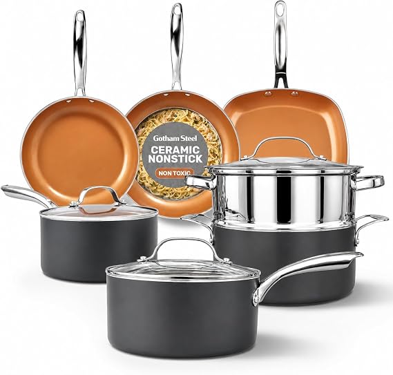 Gotham Steel 12 Pc Ceramic Cookware Set Nonstick, Ceramic Pots and Pans Set Non Stick with Steamer for Cooking, Non Toxic PFOA PFOS Free, Ergonomic Stay Cool Handles, Oven & Dishwasher Safe, Copper | Non Toxic PFOA/PFOS/PTFE Free Ceramic & Titanium Coating, Stay Cool Stainless Steel Handles, Dishwasher & Oven Safe, Copper