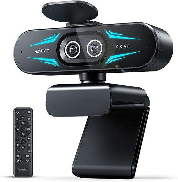 EMEET C60E Dual-Camera 4K Webcam for Streaming, Wide-Angle & Telephoto | Max 11X Hybrid Zoom & PDAF Autofocus, Remote Control, RGB Lighting, 2 Mics, Ideal for Livestreaming and Online Meeting