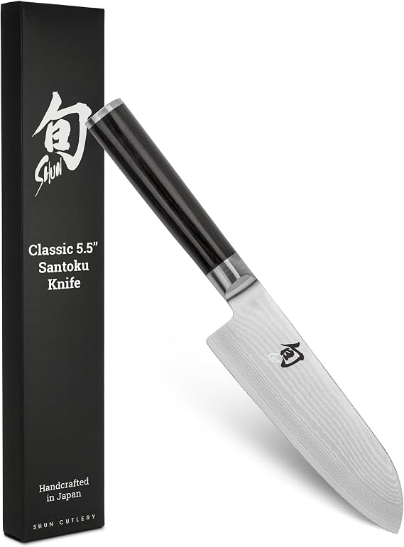 Shun Classic 5.5" Santoku Knife, Handcrafted Japanese All Purpose Knife, VG-MAX Core with Damascus Stainless Steel Cladding, Pakkawood Handle, Versatile Japanese Cutting Tool | Handcrafted Japanese All Purpose Knife, VG-MAX Core, Damascus Stainless Steel Cladding, Pakkawood Handle
