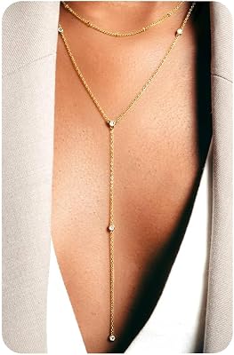 Krfy Lariat Long Necklace for Women, 16K Plated Gold Necklace for Women Dainty, Drop Pendant Cross Necklace, Rosary Beaded Y-Shaped CZ Layered Necklaces, Silver Color Adjustable Chain Jewelry