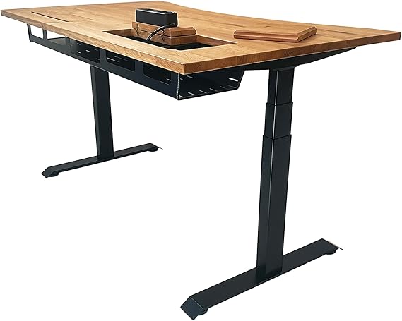 ErgoHide Height-adjustable desk made of solid wood with extended cable management/cable duct (oak black ergonomic 150 x 80 cm)