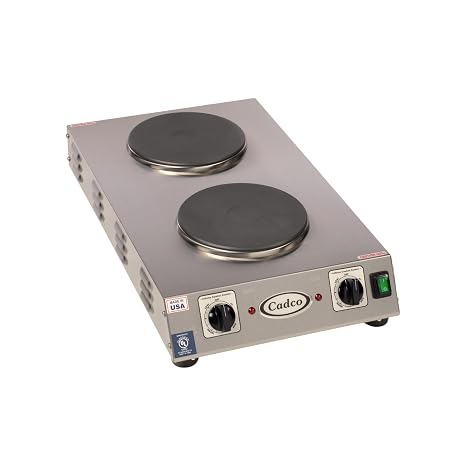 Cadco CDR-2CFB Portable Double Cast Iron Space Saver Hot Plate, Stainless Steel, 120v, For Commercial Use, 20 lbs, Heat Control, Electric Cooktop
