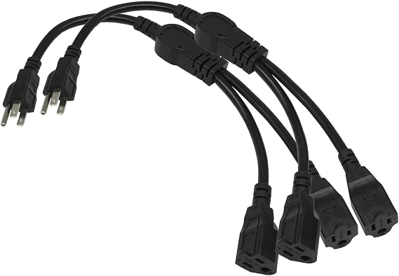 1.5FT Black Power Cord Splitter 1 to 2, 16AWG, Indoor Extension Cable