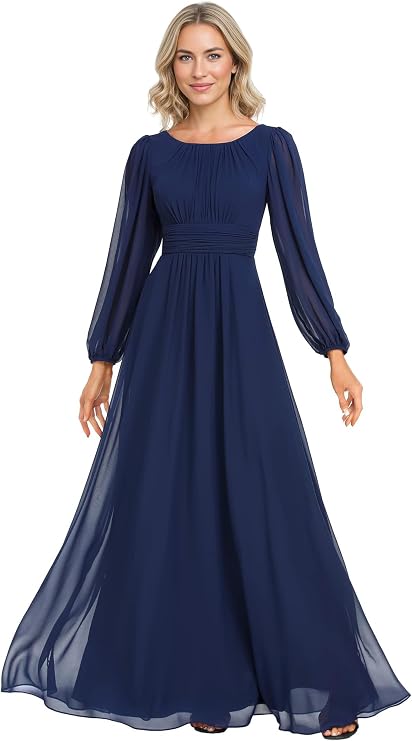 ISABUFEI Women's Crewneck Chiffon Formal Dress Long Lantern Sleeves Floor-Length A-Line Pleated Evening Gown Navy US2