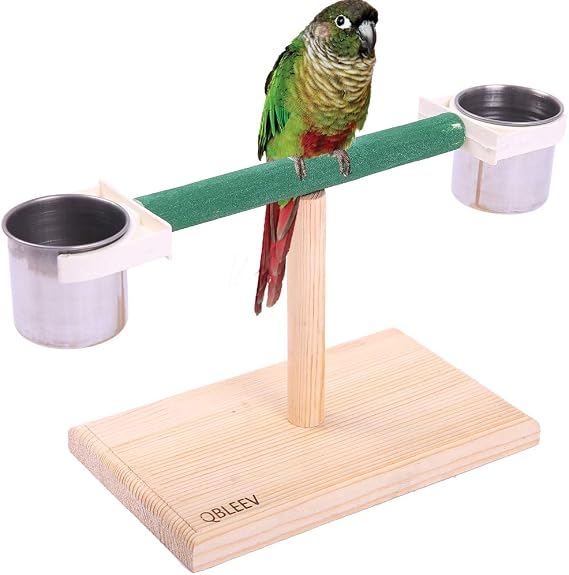 QBLEEV Bird Play T-Stands Tabletop Perch, Wooden Parrot Playstand with Cups