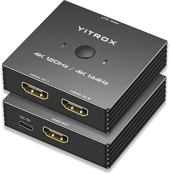 HDMI Switch 4K 120Hz, 4K 144Hz, HDMI Switcher Splitter 2 in 1 Out, Aluminum Shell, Support PS4 PS5, Xbox, Fire Stick, Apple TV, Roku, PC, TV