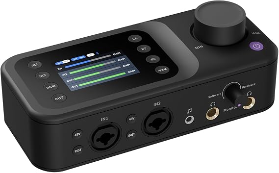 NearStream Audio Interface with Pro Preamp/Dual XLR or 6.35 mm Audio Port/48V Phantom Power/Bluetooth/LCD Screen,Portable Audio Mixer for Podcasters/Guitarists/Producers on PC/Mac AMIX40U
