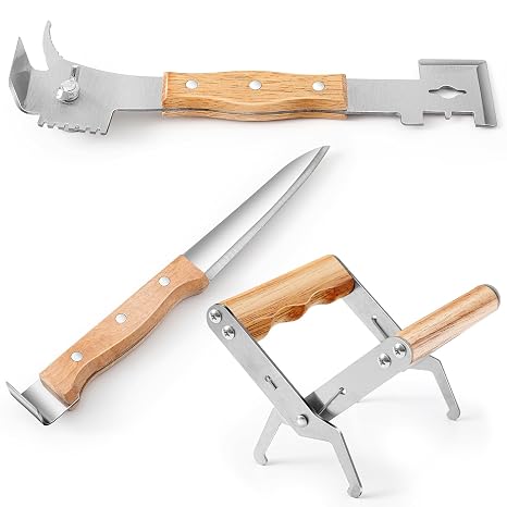 3 Pcs Beekeeping Tools Kit Beehive Tools Include Multipurpose Steel Hive Tool, Bee Hive Frame Grip, Serrated Uncapping Knife, Stainless Steel Beekeeping Equipment with Wooden Handle for Beekeepers