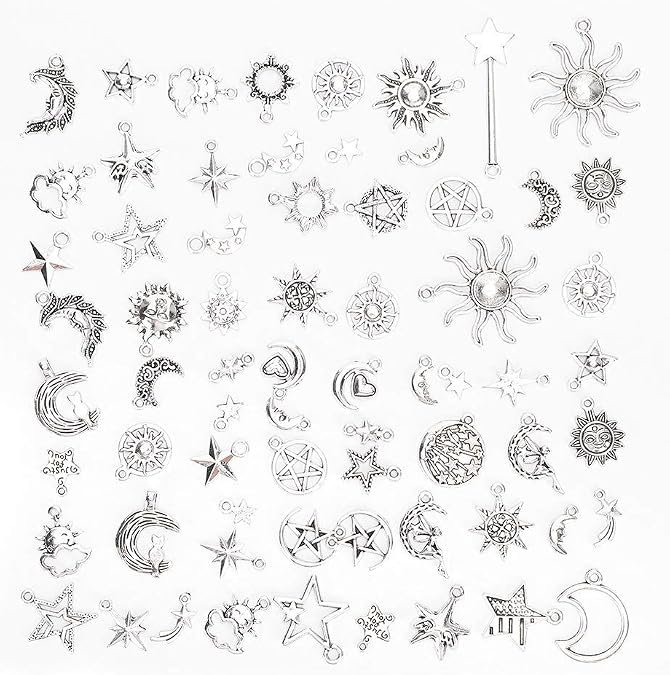 70pcs Silver Plated Mixed Charms Sun Moon Stars Charms DIY Necklace Bracelet Pendants Jewelry Findings Making Accessory