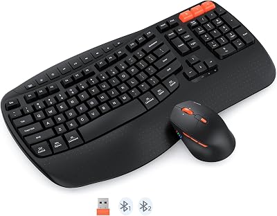 MEETION Wave Ergonomic Keyboard and Mouse, Wireless Bluetooth Wave Ergo Keyboard with Wrist Rest, 4 DPI Adjustable Swing Wheel Silent Wireless Mouse Rechargeable for WindowsMacAndroid Black