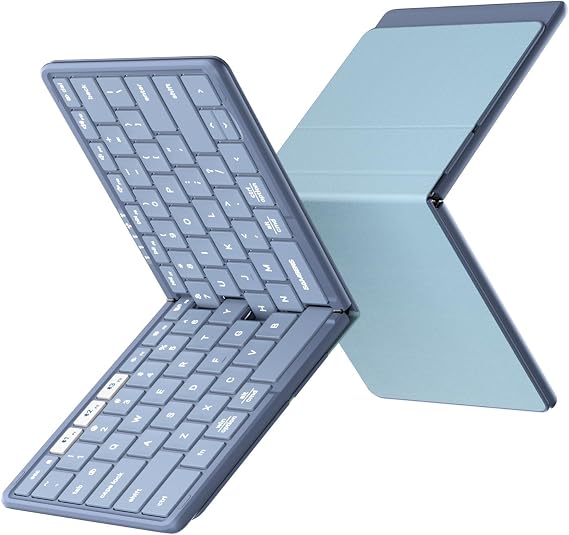 Samsers Full-Size Foldable Bluetooth Keyboard for Laptop Phone Tablet -Blue | 0.65in keycap, PU Leather Cover, Pocket-Sized, Mobile Working, Phone Stand, BT 5.1 x 3, On-the-go, for Travel Business Use