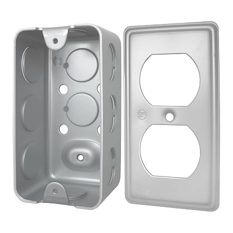 1-Gang 4 x 2 in Metal Handy Box, 13 cu.in, UL Listed, 1 Pack | Galvanized steel box with cover, 1-7/8 in deep, 10 x 1/2 in knockouts for duplex receptacles.