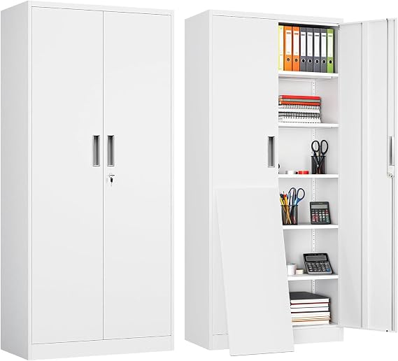 Metal Garage Storage Cabinets,71 Tall Metal File Cabinet with 5 Adjustable Shelves, Lockable Storage Cabinets for Office, Home, Garage, Warehouse 71" H x 32" W x 16" D (White)