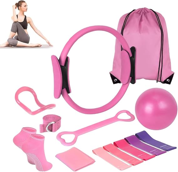 Pilates Essentials Kit for Women, 13-Piece Home Pilates Equipment Set Includes Pilates Ring, Resistance Bands, Yoga Ball, Accessories for Home Fitness Workouts & Beginners