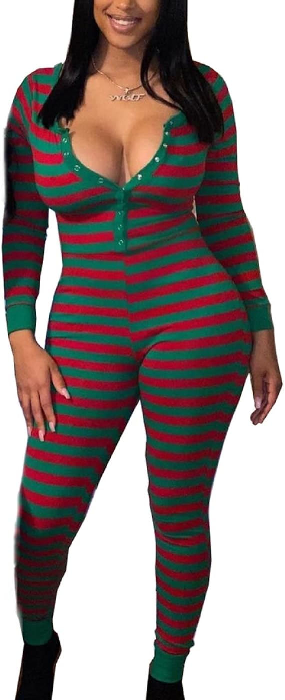 NUFIWI Women Striped Christmas Pajamas Button Down V Neck Jumpsuit Bodycon Long Sleeve One Piece Sleepwear