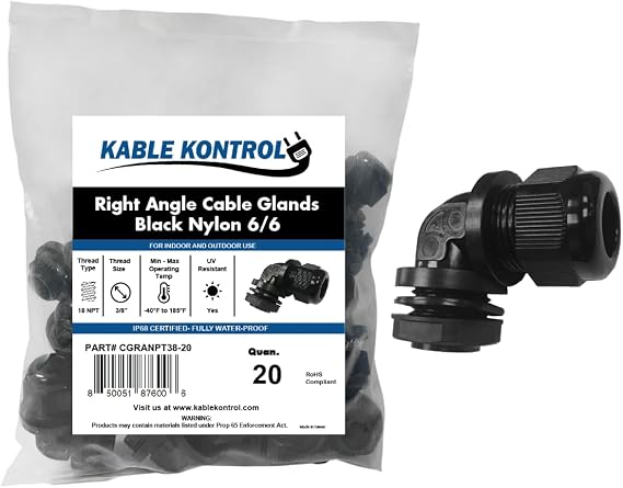 Kable Kontrol Nylon Cable Glands 3/8 Right Angle Joint Elbow Gland 18 NPT 20 Pcs Cord Grip, Strain Relief, Waterproof Adjustable Locknut for Industrial Use, Flame Retardant, RoHS Compliant