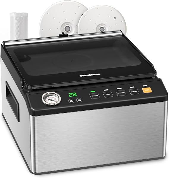 Mesliese Chamber Vacuum Sealer, 6L Food Sealer with 11.3" Dual Sealing Bar, Built-in Cutter, External Vacuum & Quick Marinate, Includes Vacuum Roll & Universal Lids for Dry Wet Soupy Foods & Sous Vide