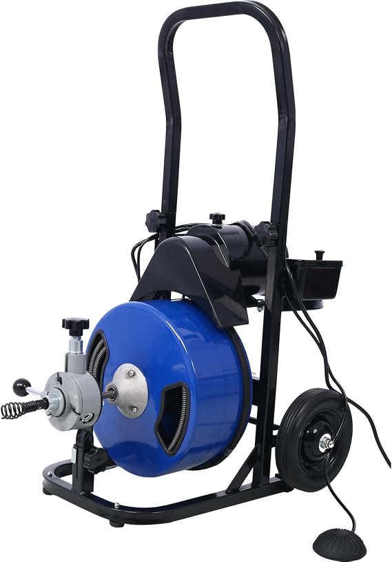 60FT Long 1/2 Inch Commercial Drain Auger Sewer Snake Pipe Cleaner Machine with 4 Cutter Heads Foot Switch Heavy Duty Steel Cable for Industrial and Residential Use 1/3 HP 250W with Wheels Blue