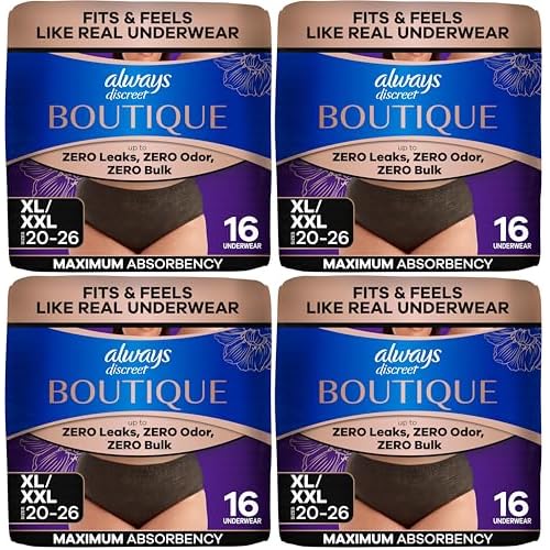Always Discreet Boutique Incontinence and Postpartum Underwear for Women, Maximum Protection, Extra Large, Black, 16 Count Pack of 4
