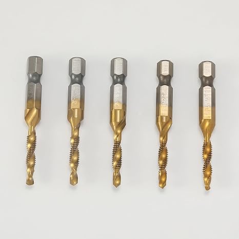 5PCS Titanium Combination Drill Tap Bit Set Screw Tapping Hex Shank HSS Metric/Imperial Plug Bits Hand Tools (Titanium 8-32NC)