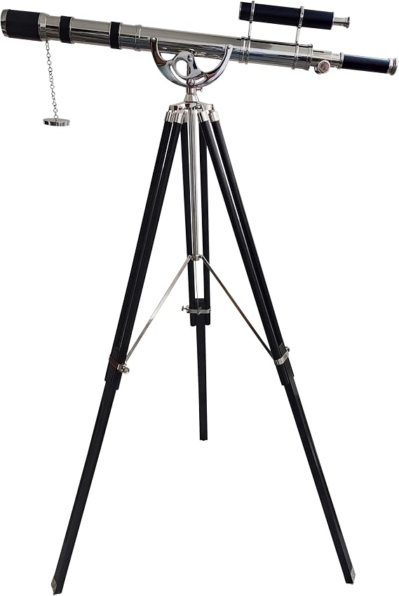 Brass Double Barrel Chrome Finish Telescope Wooden Tripod | 64x magnification, 52mm coated lens, 39-42 in tube, 64 in height, brass & wood, nautical vintage floor decor